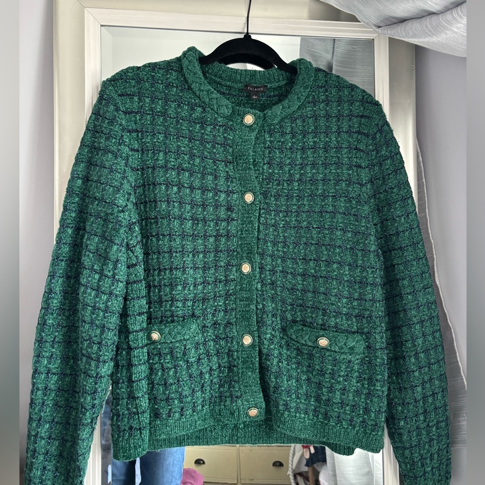 Talbots Chenille Cardigan Sweater Green Blue Metallic Thread Gold-Tone Buttons L - Picture 2 of 9